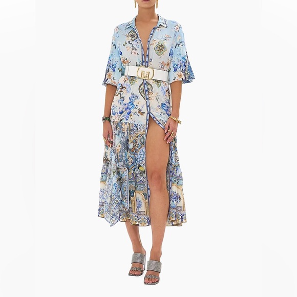 NWT Camilla Floral Silk Tiered Midi Shirtdress Size XS crystals blue - Picture 4 of 15